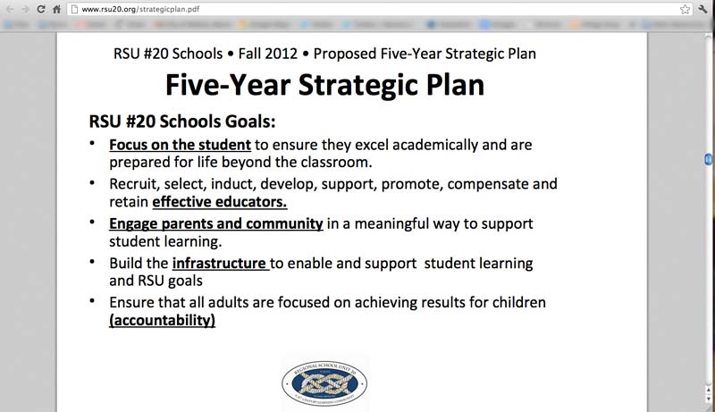 The index of the new five-year strategic plan for RSU 20 released in August.
