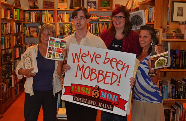 Lacy Simons, owner of hello hello, an independent bookstore in Rockland, and staff got cash mobbed on August 30
(photo: Cash Mob Rockland) cash mobs midcoast
