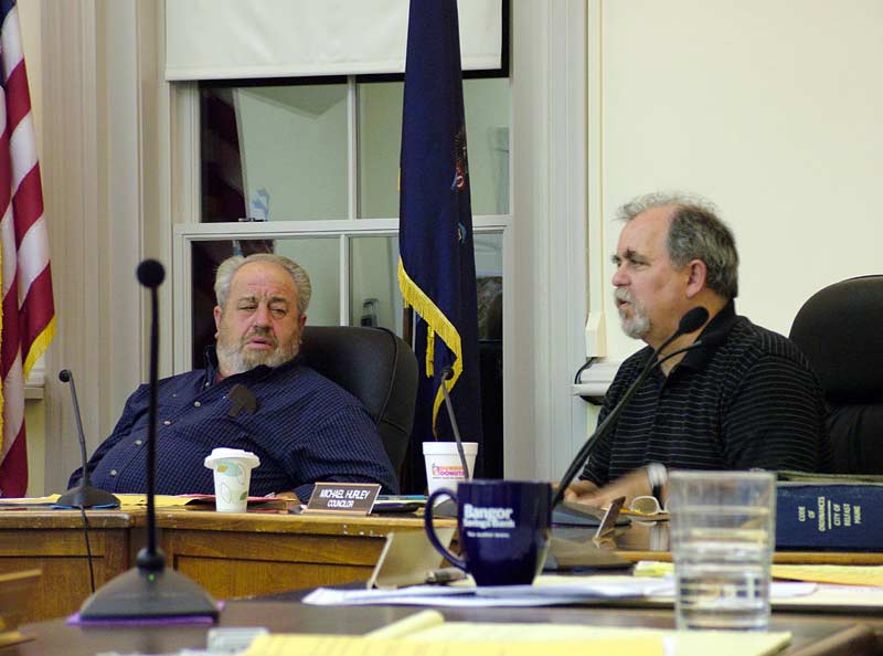Mayor Walter Ash, left, and City Councilor Mike Hurley during a discussion of Belfast's Tax Increment Financing districts, Tuesday night at City Hall.
