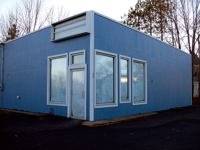 The headquarters of Long Life Saunas, located in a former convenience store in downtown Searsport. (Photo by Ethan Andrews)