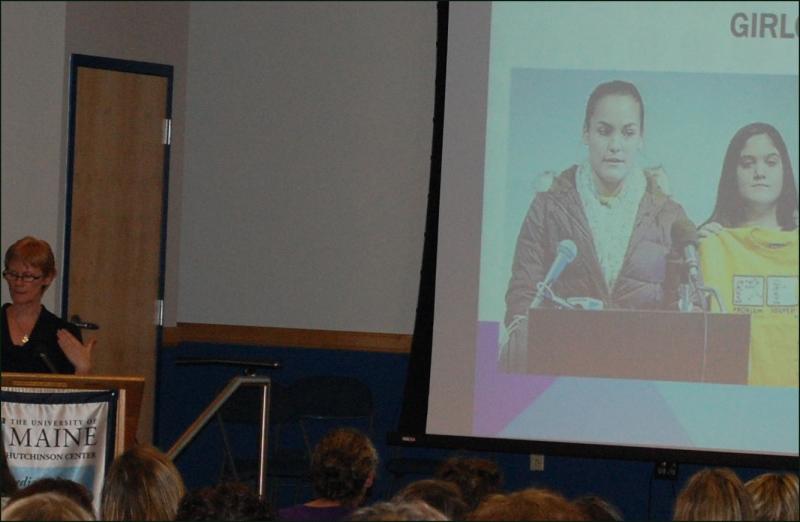 Colby College professor Lyn Mikel Brown discusses commercialization of girlhood and shares examples of girls who have taken stands against offensive products, advertising, and commercial messages through "girlcotts." (Photo by Kathleen Meil)