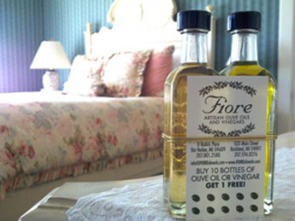 In partnership, Historic Inns of Rockland Maine provides samples of FIORE Artisan Olive Oils & Vinegars in guest's rooms. (Photo courtesy HIOR)