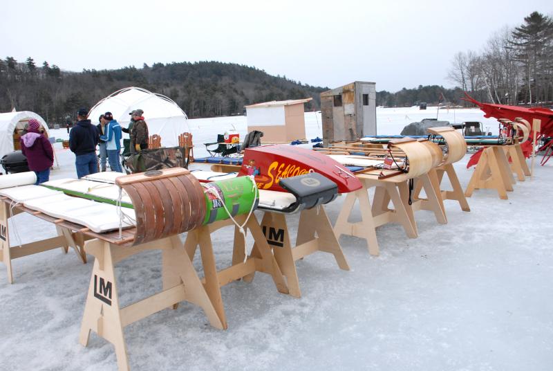 Freshly waxed toboggans lay ready to race at the 2012 U.S. National Toboggan Championships at the Camden Snow Bowl. This year's event is Feb. 8, 9 and 10. (Photo courtesy Dave Ridley/Camden Snow Bowl)