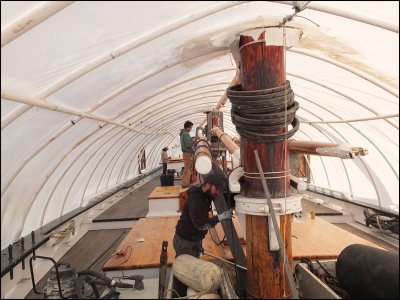 Stripping, prepping, scraping, varnishing. It's all part of getting the boats back in the water for the 2013 season, which begins in May for many vessels. (Photos by Chris Wolf)