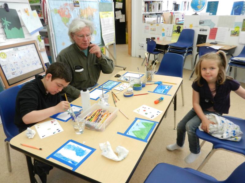 Max Van Dyne with Maury Colton and Skylar Dupuie at Matinicus Elementary School. (Photo by Eva Murray)