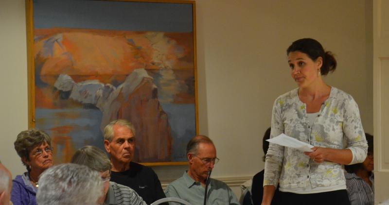 Library Committee Chairwoman Kathleen Meil tells Rockport residents that moving the library is just one path being explored. (Photo by Lynda Clancy)