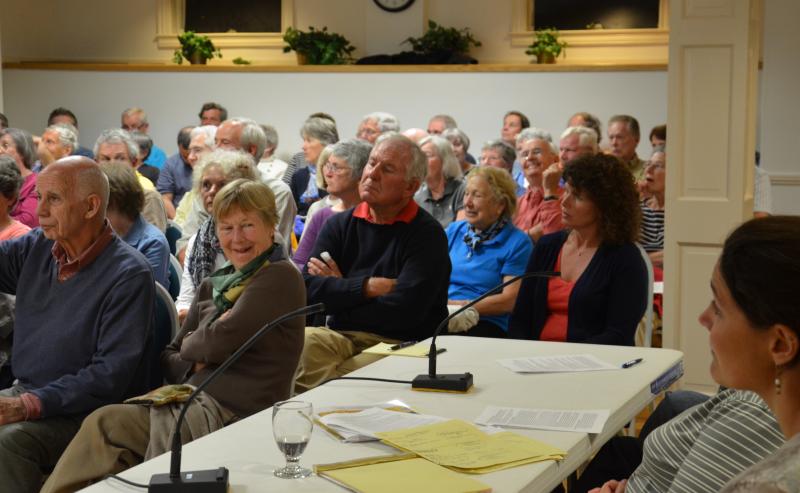 The downstairs meeting room at the Rockport Opera House is filled with residents. (Photo by Lynda Clancy)
