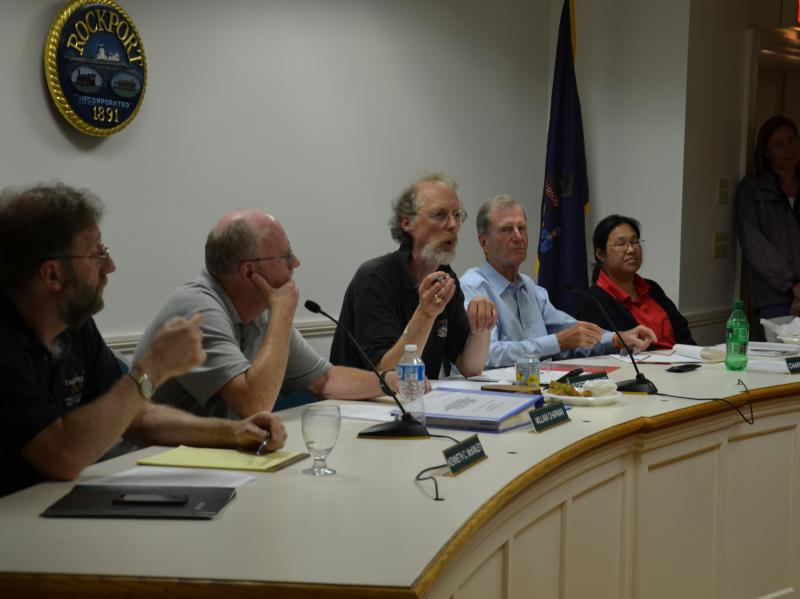 Rockport Select Board members Ken McKinley, William Chapman, Geoffrey Parker, Charlton Ames and Tracy Murphy. (Photo by Lynda Clancy