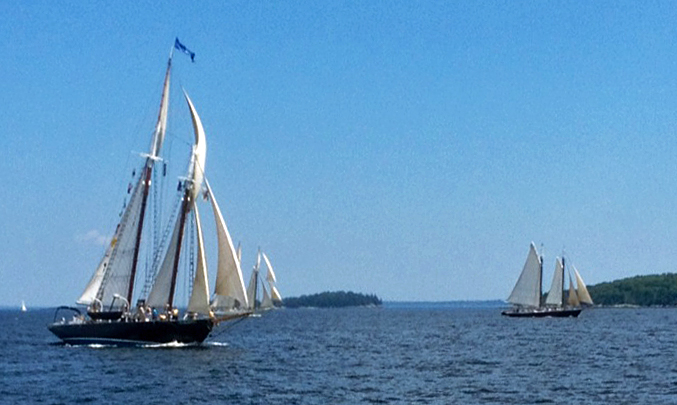 The Nathaniel Bowditch overtakes the Mary Day and J. & E. Riggin during the 2013 Great Schooner Race in Penobscot Bay, racing from Islesboro's Gilkey Harbor to Rockland Harbor. (Courtesy Steve Pixley)