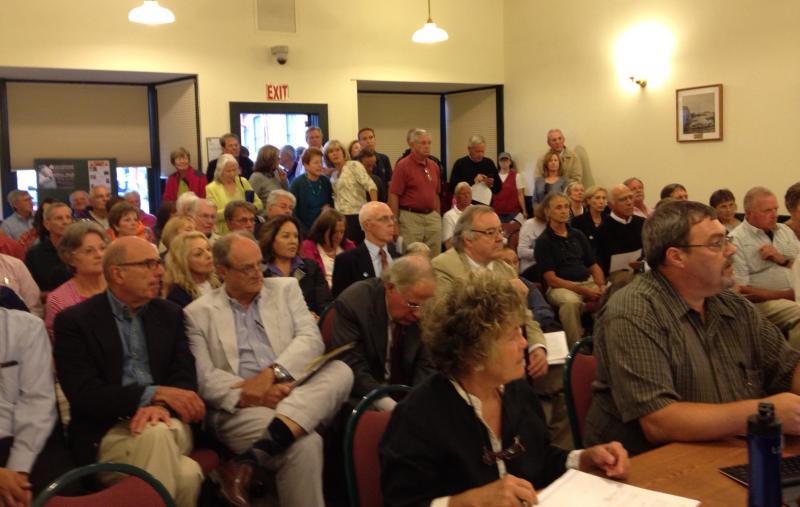 The Camden Planning Board’s Aug. 29 meeting in the Washington Street Conference Room drew so many citizens that they were turned away from the door for lack of room. The board has pledged that the next meeting that provides time for public comment about Fox Hill will be take place in a roomier venue. (Photo by Lynda Clancy)