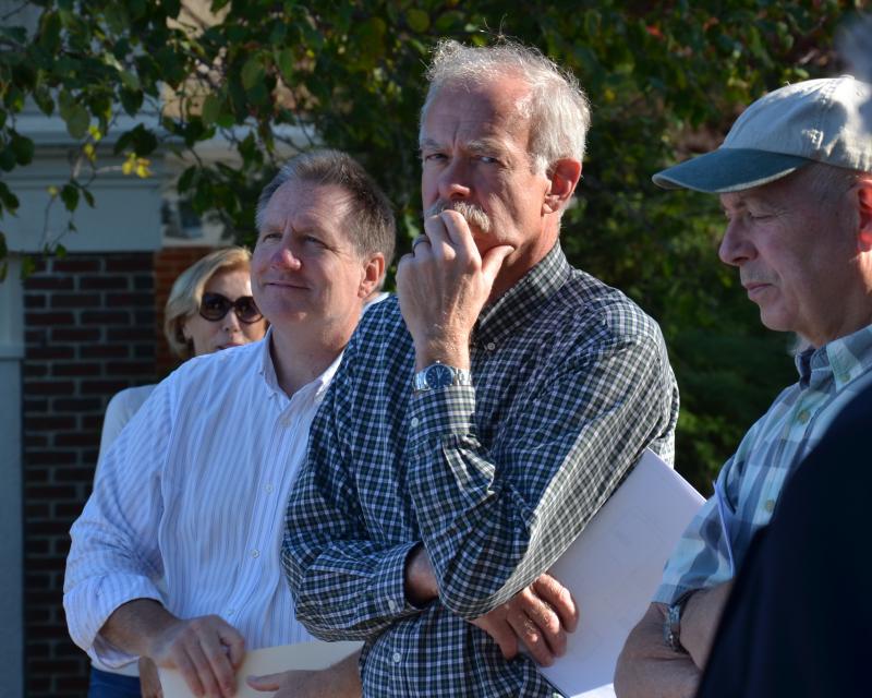 William Lane, of Gartley and Dorsky, the Rockport-based engineering firm, with Lowrie Sargent, Vice Chairman of the Camden Planning Board and board member John Scholz. (Photo by Lynda Clancy)