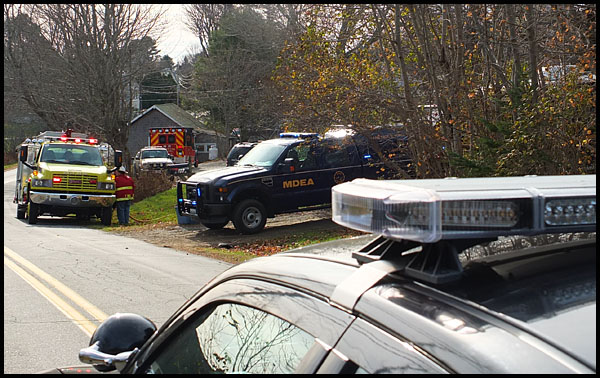Owls Head Fire Department and a Rockland Fire Department ambulance on the scene of the suspected meth lab in Owls Head. (Photo by Chris Wolf) MDEA meth drugs owls head