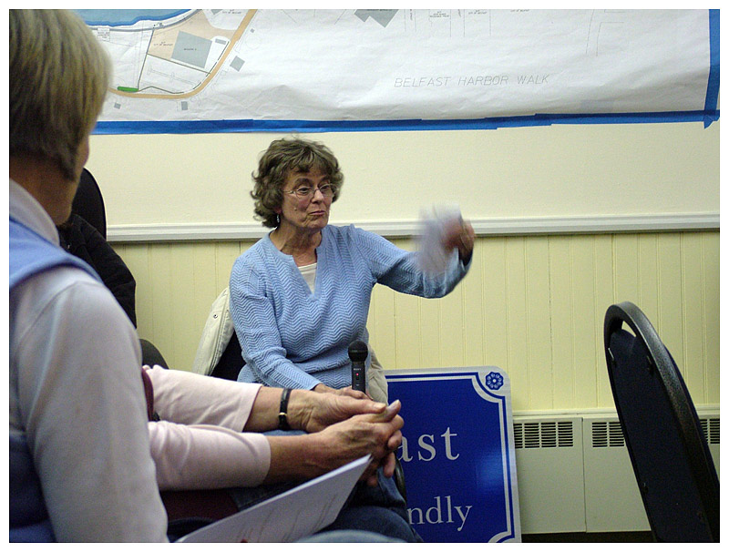 Former RSU 20 board of directors chairwoman Jean Dube of Morrill speaks during a public comment time at the end of the think tank discussion“. (Photo by Ethan Andrews)