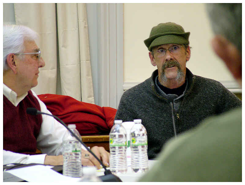 Jeff Davis of Stockton Springs, right, was brought into the discussion group on the night of the event in an effort to include a participant from his town. At left, former Belfast City Councilor Larry Theye. (Photo by Ethan Andrews)
