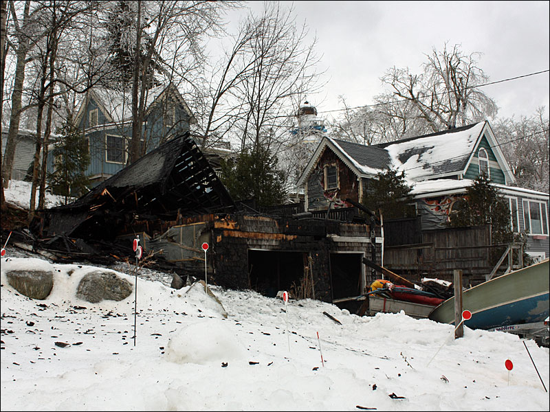 The summer cottage at 245 Shore Road in Northport was destroyed by fire around 2:30 in the morning Christmas Eve. (Photo by Holly S. Edwards)