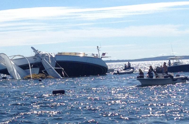 The story of the Archangel going aground was the second-most highest read story of 2013 at Penobscot Bay Pilot. The Archangel lost its mast when it crashed into East Goose Rock, off Lasell Island Aug. 7, grounded out, and rolled onto its side. (Photo courtesy Leonard Lookner)