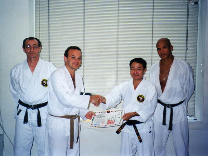 The Journey: (l to r) Sensei Max Crevani, David Troup, Soke Takayoshi Nagamine, and Sensei Owen Masters in the Upper West Side Dojo. (Photo courtesy David Troup.)