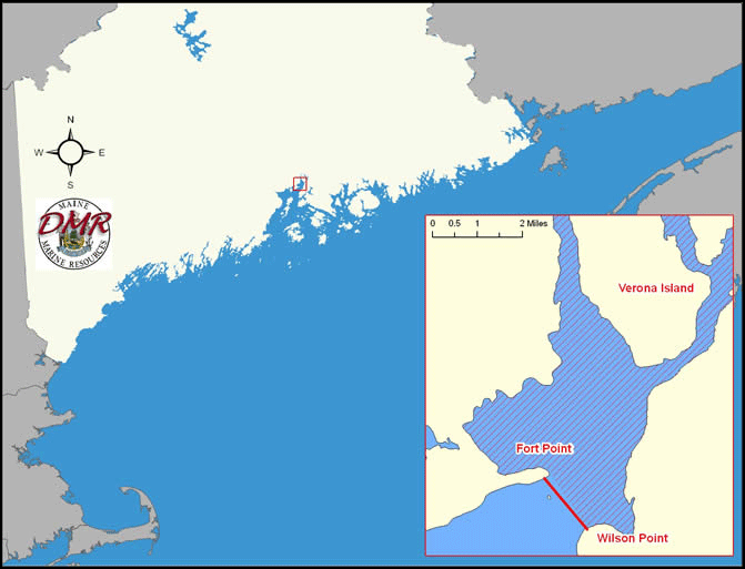The DMR’s two-year Penobscot River Area Closure extends from Fort Point in Stockton Springs to Wilson Point in Castine, and north up the river. (Courtesy Maine Department of Marine Resources)