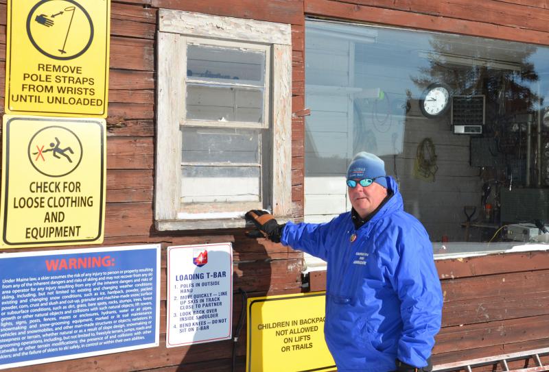 Stuart Young’s mother, Dorothea, sold tickets at the Camden Snow Bowl out of this window at the Big T-bar housing shed. (Photo by Lynda Clancy)
