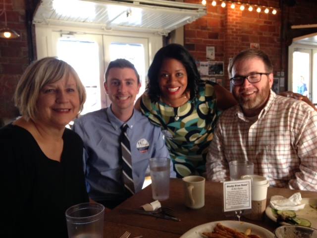 Filmmaker Pam Maus with candidate Leah Williams, campaign manager Chet, and location filmmaker, Scott Ramsey. (Courtesy Pam Maus)
