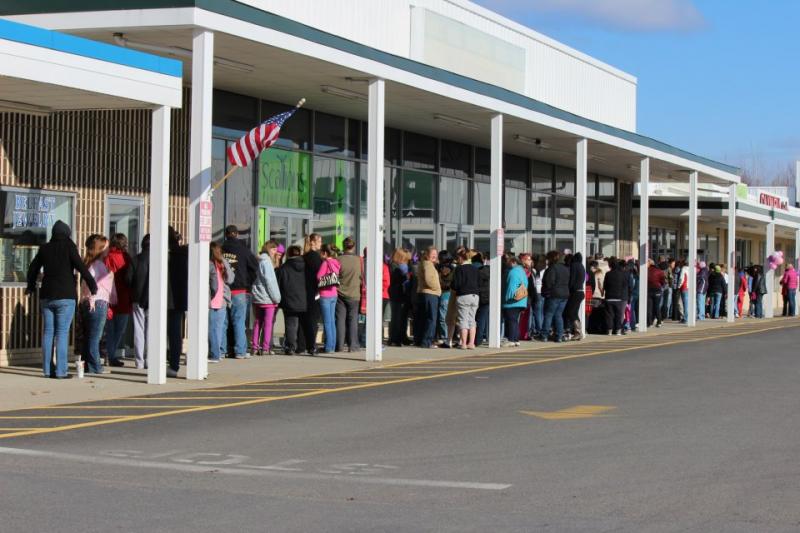 Last year in Belfast, girls lined the block waiting for the doors to open to the giveaway of prom dresses. (Courtesy The Cinderella Project of Maine)