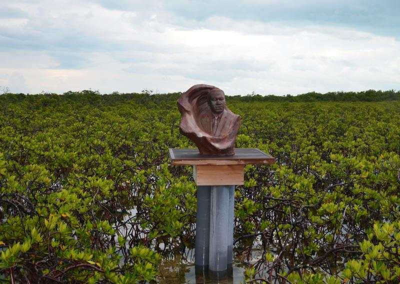 A bust of Martin Luther King, deep in the mangroves. (Photo by Lynda Clancy)