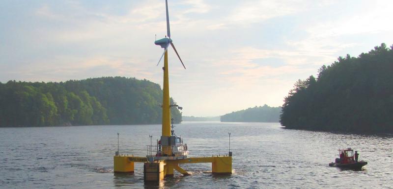 VolturnUS, UMaine's proprietary offshore floating wind turbine, being 