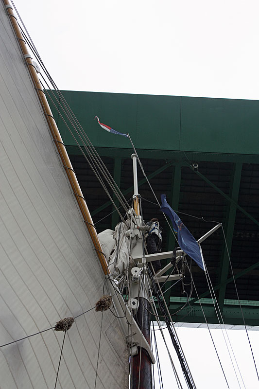 There is just 10-feet of clearance for the Mary Day under the Deer Isle bridge. (Photo by Holly S. Edwards)