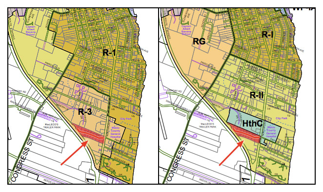 Belfast planning maps showing proposed (left) and existing zoning districts in an area of Belfast bounded by the Route 1 bypass. Seaview Terrace is indicated in red.