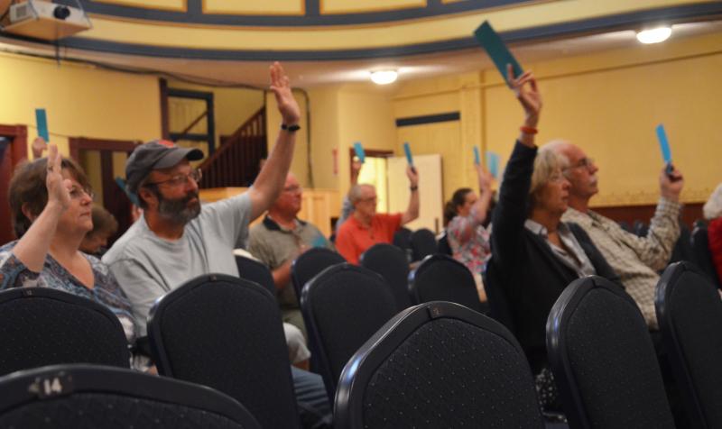 Rockport’s annual town meeting got under way at 7 p.m. June 11 with the fewest citizens on hand in decades, perhaps ever. (Photo by Lynda Clancy)