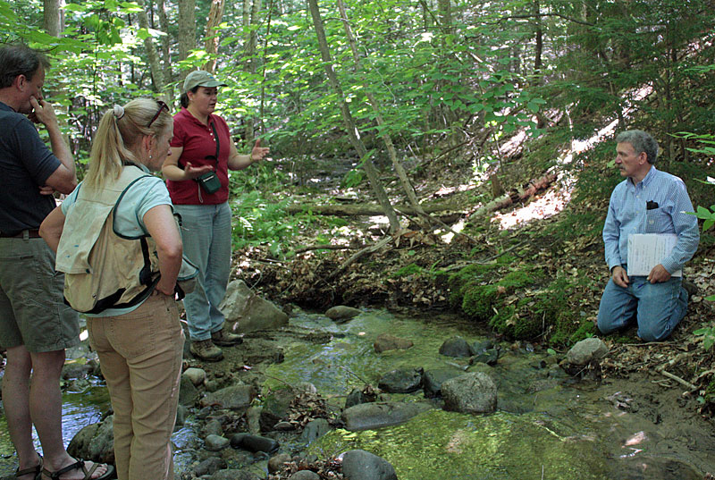Licensing and Compliance Manager Dawn Hallowell, red shirt, stands on a silt mound in Hosmer Brook Thursday. (Photo by Holly S. Edwards)