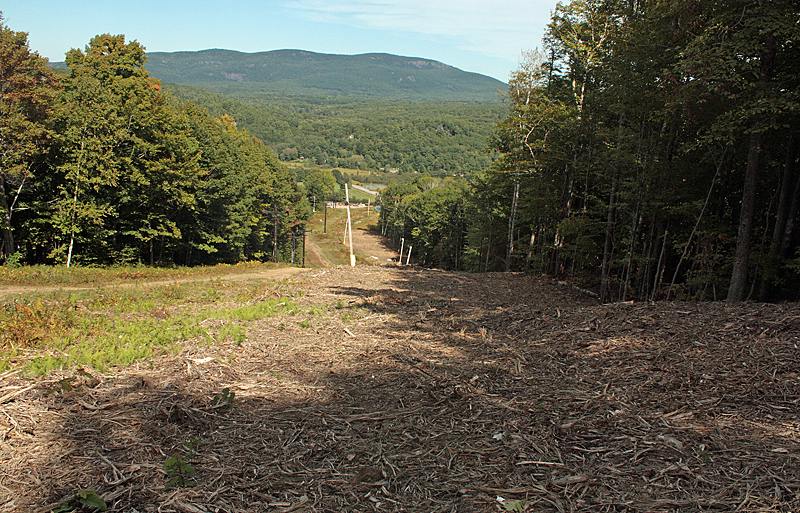 Royal Trail Works is the contractor who has been doing the post-tree-felling work, and as they widened trails, they were able to fell, chip and grind the stumps in place on the mountain. (Photo by Holly S. Edwards)