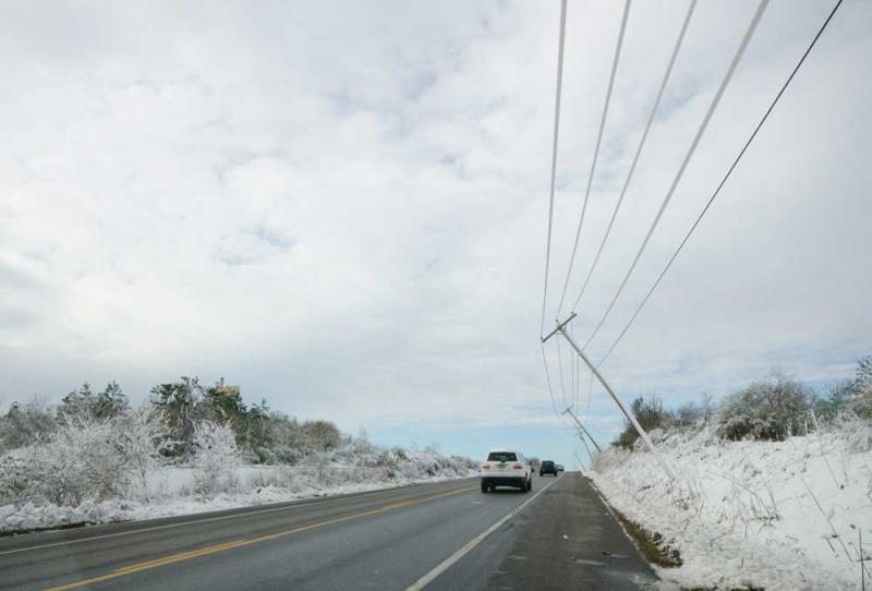 Power lines by Dragon Cement in Thomaston lean. (Photo by Hope Creighton)