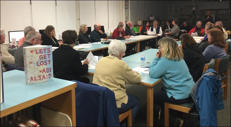 The Camden and Rockport select boards met with the Camden-Rockport School Board Nov. 17 in the middle school library to hash out the reasons why the school board is proposing a new school on Knowlton Street. (Photo by Lynda Clancy)