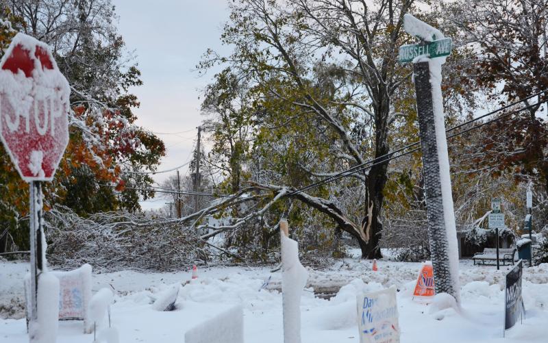 The corner of Russell Ave. and Union Street in Rockport was blocked off by trees and downed wires. (Photo by Lynda Clancy)