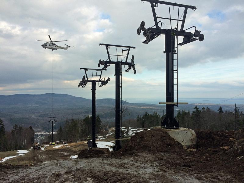 Towers for Camden Snow Bowl’s new triple chairlift begin to dot the top of Ragged Mountain Dec. 1. (Photo by Beth Ward)