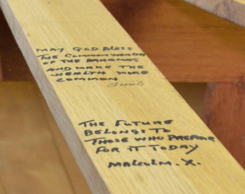 An inscription on a new boat that Ansil Saunders was building in 2014. (Photo by Lynda Clancy)