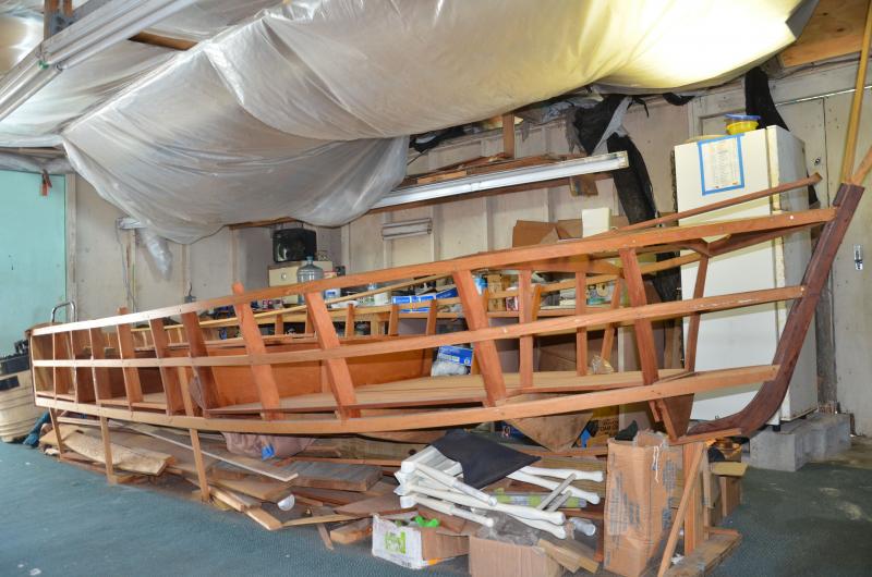 In Ansil Saunder’s boatshop, the last of the boatbuilding workshops on the island. Ansel makes a skiff off the lines he has been using for decades. (Photo by Lynda Clancy)