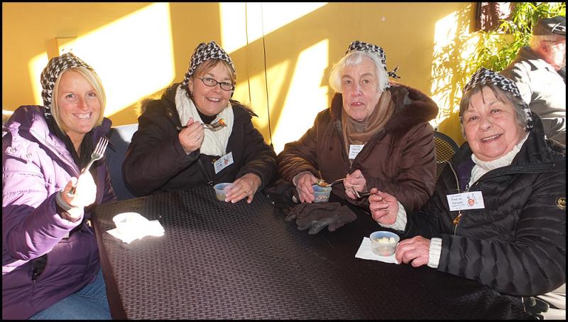 Ladies in their hats: Jan Merrill, Lee Margaret-Jack, Kay Blanchard and Sally Gibson are all from Bangor and enjoying their tenth year of Pies on Parade. (Photo by Chris Wolf)