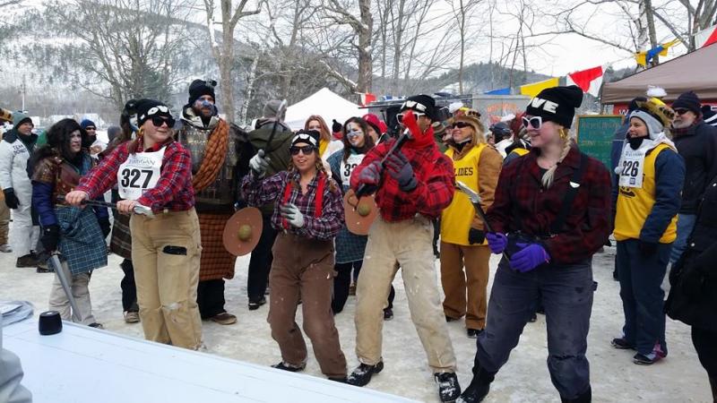 Team #327, Ash Kickers, dressed as lumber jacks and had an elaborate skip they performed in front of the judges at Saturday’s costume contest at the 2015 U.S. National Toboggan Championships. (Photo by Ron Harford)