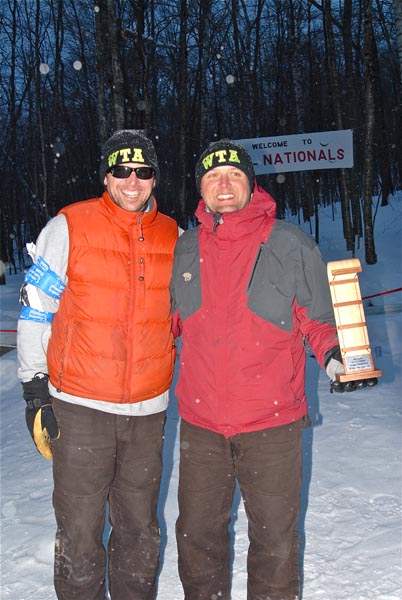 Two members of the Wax That Ash team, captained by Andrew Dailey of Rockport, won third place in the 3-Person division. (Photo by Dave Ridley)