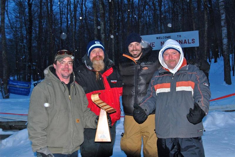 The most revered prize of the past 25 years of U.S. National Toboggan Championships is to win first place in the 4-person division. The division has twice as many teams as the other two combined, and has twice as many teams in the finals, based on fastest times. The 2015 4-Person Division first place winner is #285 4 LO with times of 9.05 and 8.98, for a combined total of 18.03. (Photo by Dave Ridley)