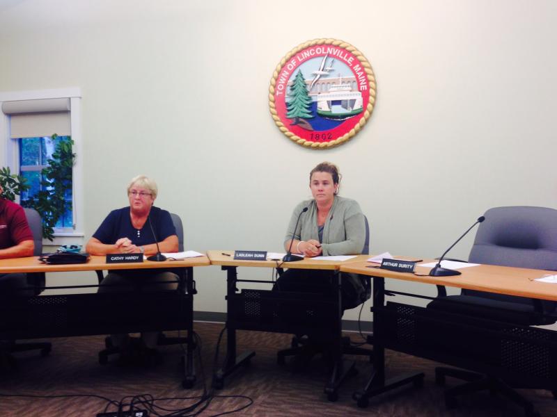 Lincolnville Selectman Cathy Hardy and Board Chairwoman Ladleah Dunn at the Aug. 29 meeting in Lincolnville. (Photo by Lynda Clancy)