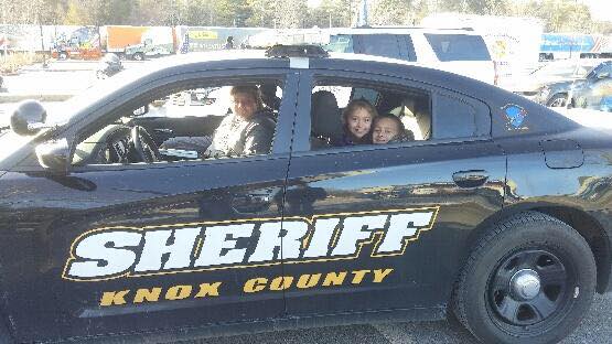 Daniel, Emma and Zack from Make-A-Wish in Maine joined the convoy in Belfast and rode in the Knox County Sheriff’s cruiser with Deputy Justin Hills. (Photo courtesy of Justin Hills)