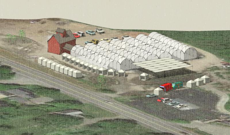 A rendering of Hoboken, with greenhouses.
