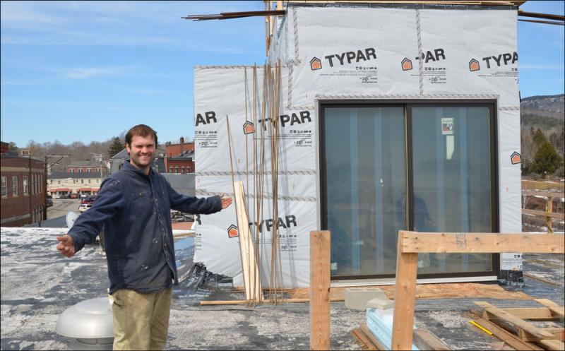 Tyler Smith, at the top of the 16 Bay View hotel renovation, in 2015. (Photo by Lynda Clancy)