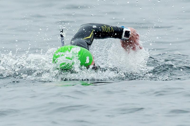 A swimmer makes his way across Penobscot Bay. He and the other swimmers are guided by several course boats, as well as safety boats that included the Coast Guard and Marine Patrol. (Photo courtesy Michele Barker)
