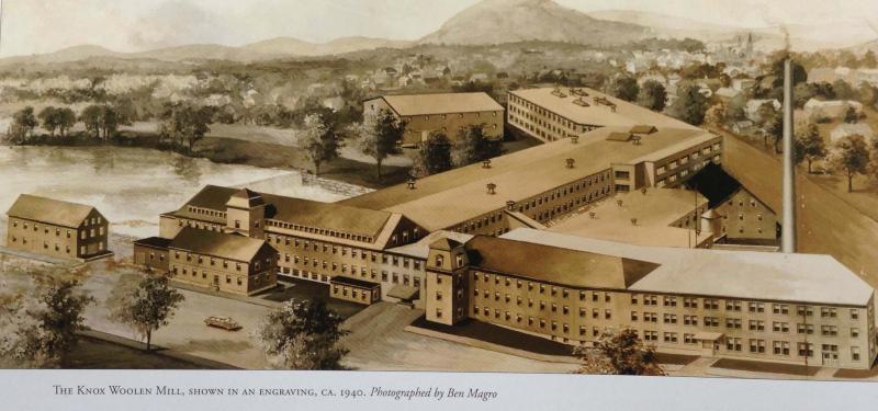 From the pages of “Where the Mountains Meet the Sea.” The Knox Mill in 1940, an engraving. (page 52)