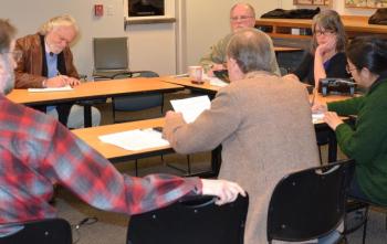 Rockport's Select Board held two executive sessions Tuesday night, Jan. 22. At the first one, Attorney Melissa Hewey, of the Portland firm Drummond Woodsum, talked with the board about its legal rights and duties concerning a personnel matter. At the second executive session, Town Attorney Robert Peabody joined the table. Board members at the meeting included Ken McKinley, Charlton Ames, Tracy Murphy and Chairman Bill Chapman. Board member Geoffrey Parker was in conversation with the group via telephone from New York City. (Photo by Lynda Clancy)