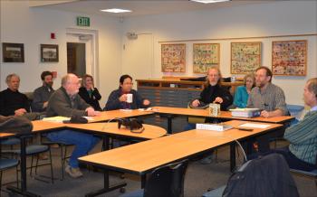 On Jan. 28, the Rockport Select Board met in executive session to talk over the phone with its attorney, William Plouffe, about the board's legal rights and duties concerning a personnel issue. Prior to closing the door to the public, a few members of town staff and the media were also in the room. From left to right, at the table, Select Board Chairman Bill Chapman, and board members Tracy Murphy, Geoffrey Parker, Ken McKinley and Charlton Ames. Seated behind them are Rockport Planner and Community Development Director Tom Ford, Rockport Assessor Kerry Leichtman, Finance Director Virginia Lindsey and Town Clerk Linda Greenlaw. (Photo by Lynda Clancy)